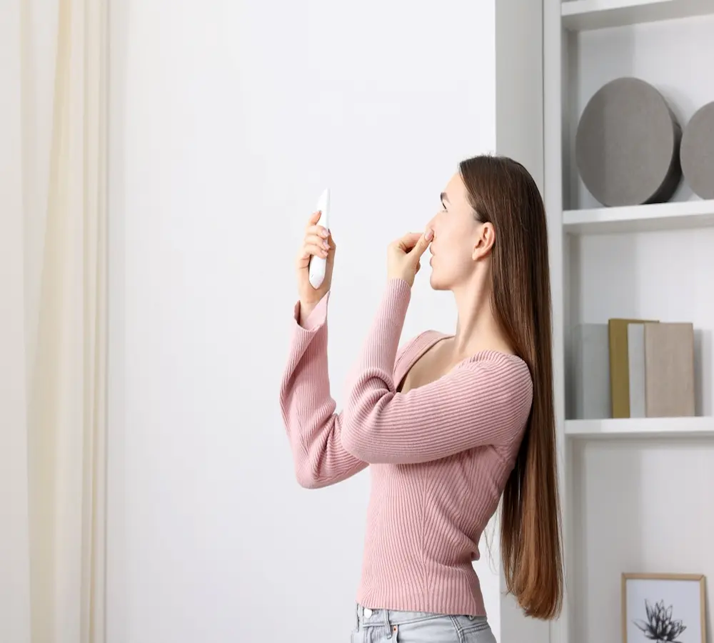 mujer apagando el aire acondicionado porque huele mal